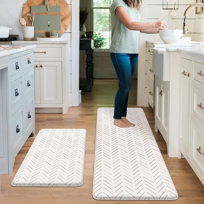 KIMODE Anti Fatigue Kitchen Mat, Boho Kitchen Rugs Sets of 2, Cushioned Kitchen Floor Mats Non Slip, Waterproof Comfort Foam Standing Desk Mat for Laundry, Office, Sink, Light Brown/Beige