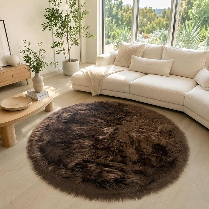 EasyJoy Faux Sheepskin Rug, Fluffy Faux Fur Rug, Ultra Soft Shag Area Rug with Non-Slip Backing for Bedroom, Living Room, Nursery, Kids Room(4 x 4 ft Round, Coffee)