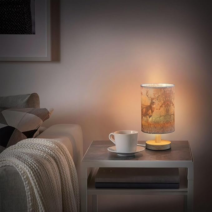 Table Lamp Deer Autumn Forest Nightstand Lamp with Wood Base Fabric Lamp Shade Bedside Desk Lamp for Living Room Bedroom Kids Room Office