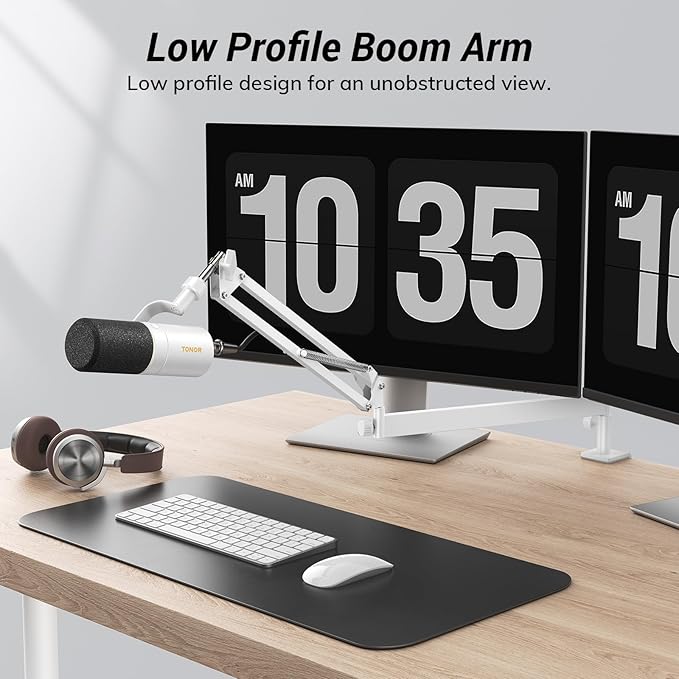 Tonor Mic Arm Desk Mount, Low Profile Boom Arm for Microphone, Adjustable Mic Stand with Desk Mount Clamp, 3/8’’ and 5/8’’ Screwadapter for Most Micr, 38 cm +35 cm(15''+14''), White, T20LP