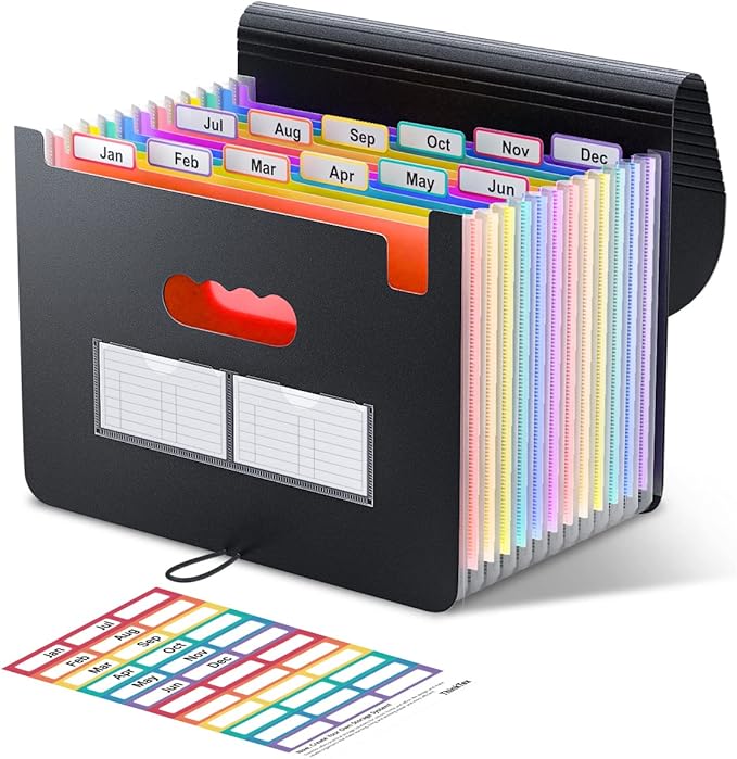 ThinkTex Expanding File Folder 12 Pockets Accordion File Organizer/Portable Expandable Plastic Filing Box, Accordion Bill/Paper/Document/Receipt Organizer Folders with Colored Tabs(A4/Letter Size)