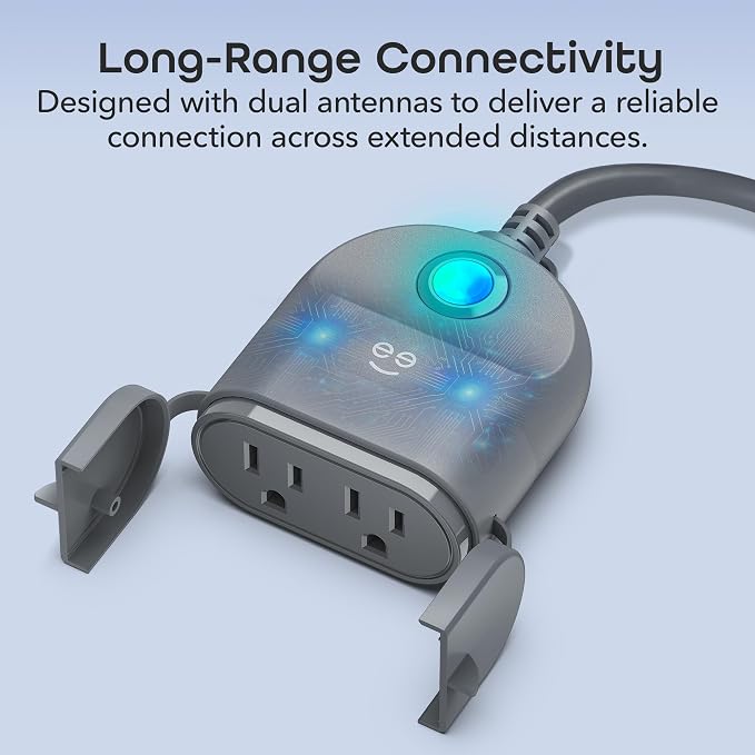 Geeni Outdoor Duo Wi-Fi Smart Plug | 2 Weatherproof Outlets, Compatible with Alexa & Google Assistant | Wireless Remote Control & Timer for Holiday Lights, Appliances, and More, 2-Pack