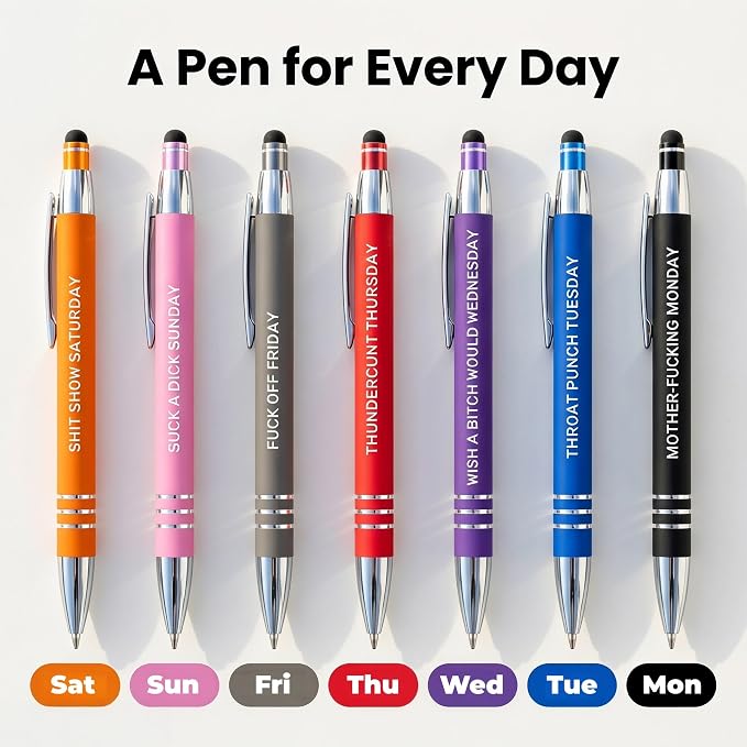 Funny Ballpoint Pens -Offensive Days Of The Week Pen Quotes, Funny Pen Set of 7 Adult Humor Pens, Sarcastic Daily Pen Set,Black Ink (7pcs week pens)