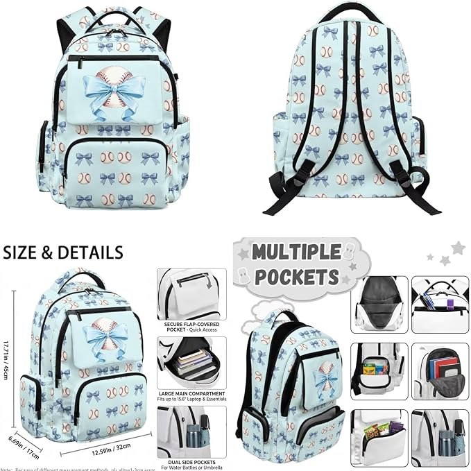 WELLFLYHOM 4 PCS Blue Bow Baseball Backpack for Girls Ages 7-8 | Matching School Bag with Lunch Bag, Pencil Case and Water Bottle Sleeve, Lightweight Daily Storage Backpack for Young Girls