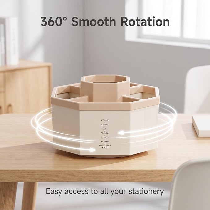 Jekelife 360 Degree Rotating Pen Holder,5-Compartment Desk Organizer,Pink | Compact 5-compartment pen organizer rotates smoothly to store writing tools, craft supplies and small desk accessories.