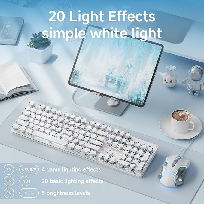EWEADN TK100 Wired Typewriter Mechanical Keyboard and Mouse, 104 Keys Aesthetic Typewriter Keyboard Mouse Combo with White Backlit, Anti-Ghosting, Black Switch Cute Keyboards-White