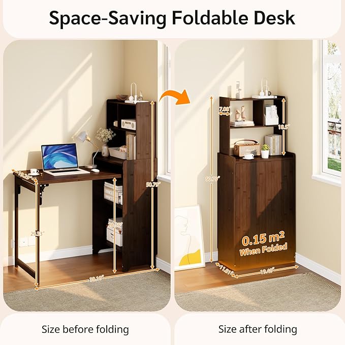 Bamboo Folding Desk with Bookshelf, Space-Saving Foldable Computer Desk with Storage Shelves for Small Spaces, Writing Study Table for Home Office, Bedroom, Dorm, Apartment, Brown