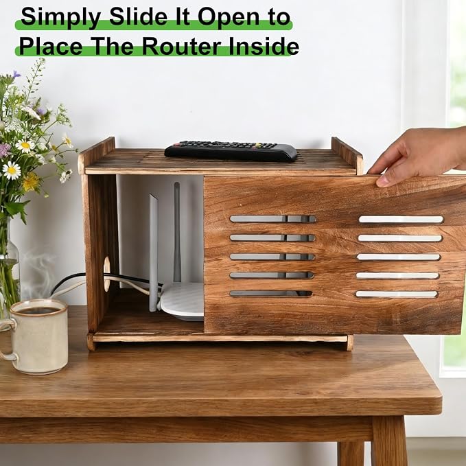 Upgraded Wood Router Box Hider Shelf, Retro Vintage Wifi Router Storage Modem Power Strip, 16 Inch Fits Most Routers, Easy Install Cable Management Home Office Organizer