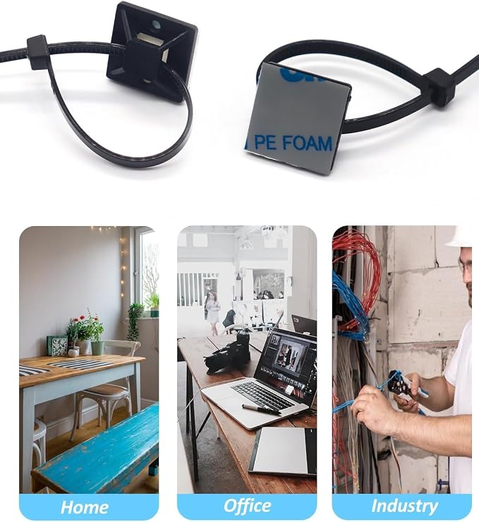 Strong Back-Glue Self Adhesive Cable Zip Tie Mounts Kit - 100 Set Cable Management Clips with 6" Zip Ties, Wire Holders - Outdoor Sticky Wire Organizer Clips-Black