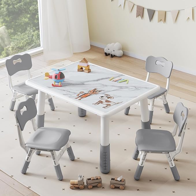 DOREROOM Toddler Table and 4 Chairs Set, Marble Top, No-Screw Legs, Grey | Graffiti Desktop, 31.5"L x 23.6"W, Frameless, Kids Ages 3-8, FSC-certified, Children Activity for Daycare, Classroom, Home