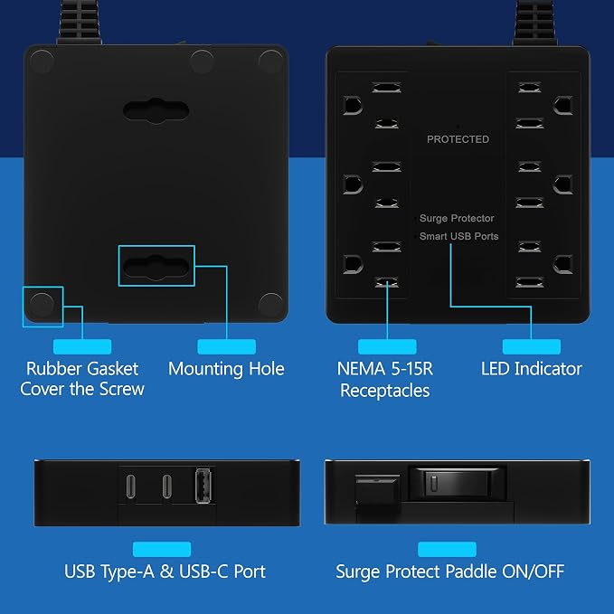 LIDER Outlet Extender with 6 Receptacles, USB-A & 2 USB-C, Angled Ultra-Thin Flat-Plug, 6-Outlet Power Strip, Surge Protector 1500 Joules, 5ft Cord, 1250W, ETL Listed, Matte Black