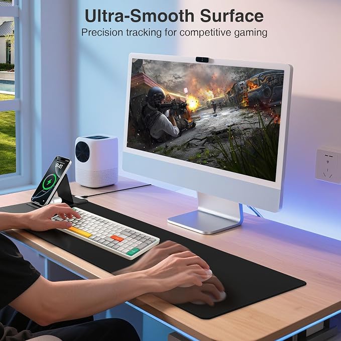 Mouse Pad with Wireless Charging & Foldable Phone Holder, 27.5"x11.8" Black | Desk Protector with Stitched Edges, Non-Slip Base, Laptop Desk Mat, Waterproof Writing Pad for Office & Home