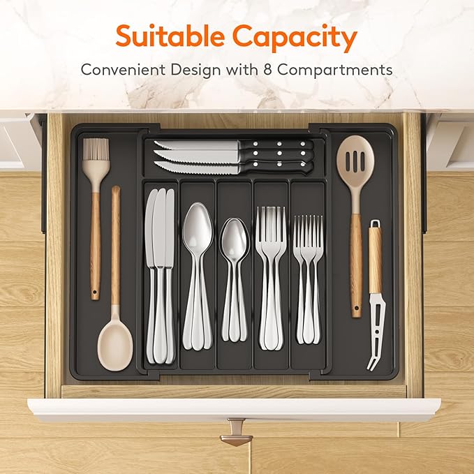 Lifewit Silverware Drawer Organizer, Expandable Utensil Tray for Kitchen, BPA Free Flatware and Cutlery Holder, Adjustable Plastic Storage for Spoons Forks Knives, 11-18 x 14", Black