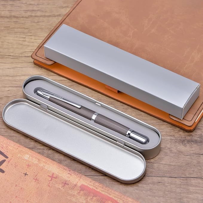 Jinhao 10 Press Fountain Pen with Box, Brushed Matt Gray Retractable Medium Nib with Ink Converter Set (Silver Clip)