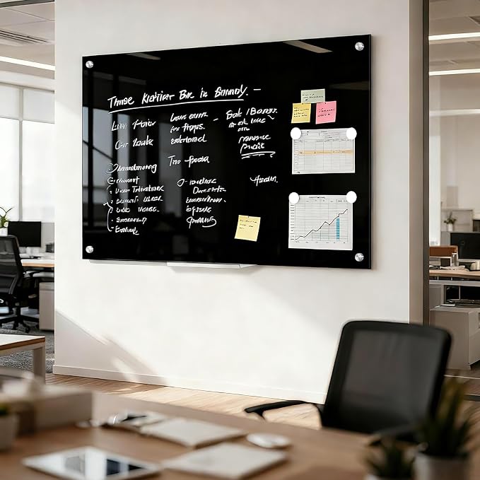 Magnetic Large Black Dry Erase Board, 36" x 24" | Black Glass Board Frameless Wall Mounted Glass Whiteboard for Office, School & Home with 1 Marker & 6 Strong Magnets