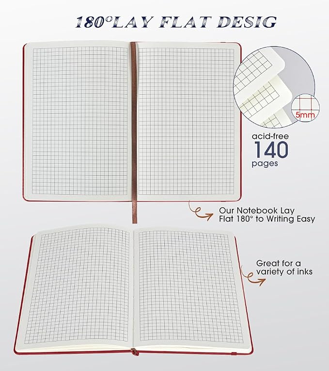 Biuwory Graph Paper Notebook Journal for Women Men,140 Pages Hardcover Grid Notebooks for Work & School,Leather Journals for Writing, Graphing Paper Notebook 5.7"×8.3" (Winered)