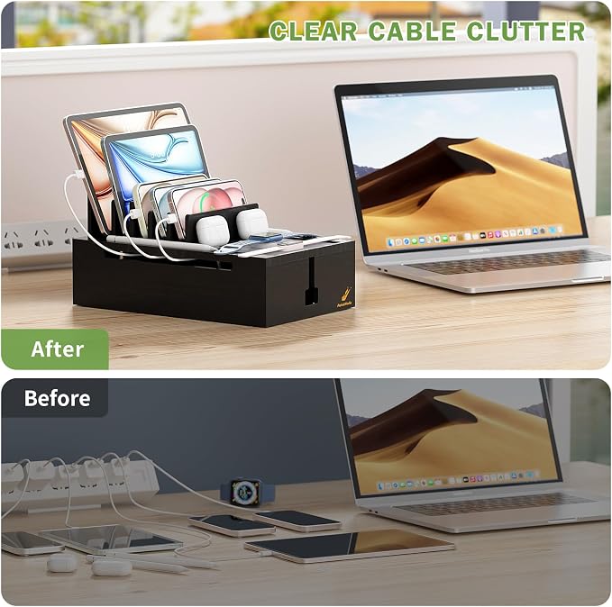 Pezin & Hulin Bamboo Charging Station for Multiple Devices -Black | USB Charger Dock Organizer, with Power Supply (10 Ports HUB), 6 Cables, Cable Management Organizer for Cell Phones, Tablet