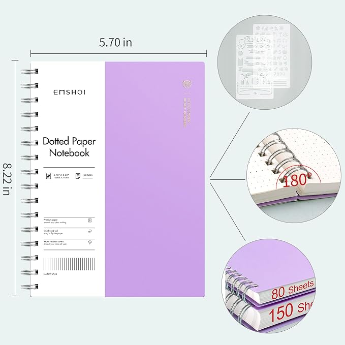 EMSHOI Dotted Journal Spiral Notebook, 300 Pages, A5 Small 5.7"x8.22", 100 GSM Thick Paper, Flexible Plastic Cover, 5mm Dot Grid Notebook for Journaling, Planning, Drawing, Writing, Purple