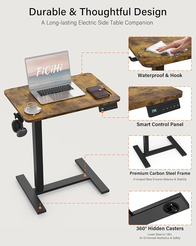 FiCiHi Electric Standing Desk with Wheels – Adjustable Height Mobile Sit-Stand Laptop Table, Portable Rolling Small Computer Workstation for Home Office & Bedside Use (28"x16", Rustic Brown)