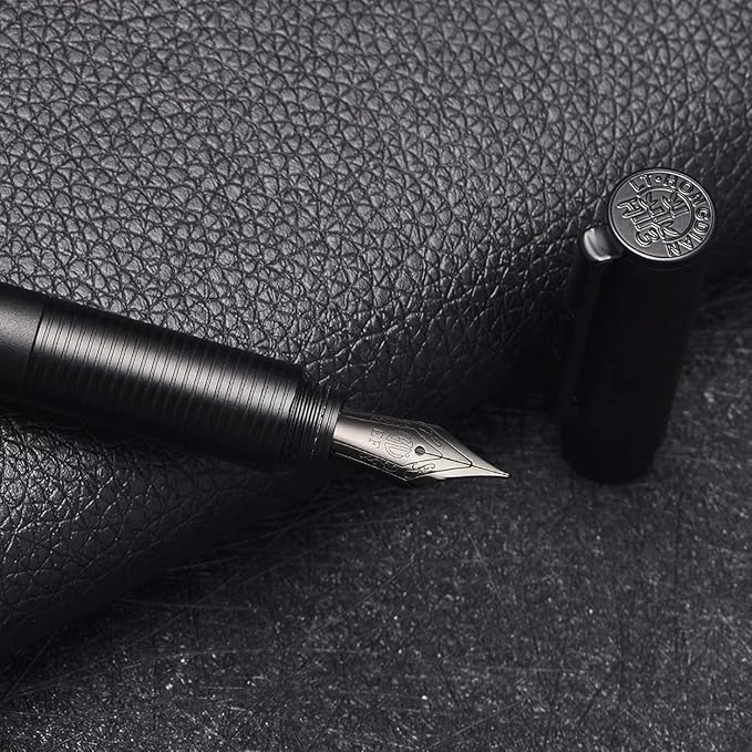 Hongdian H3 Fountain Pen Titanium Black EF Nib with Bamboo Pen Clip, Black Aluminum Alloy Writing Pen