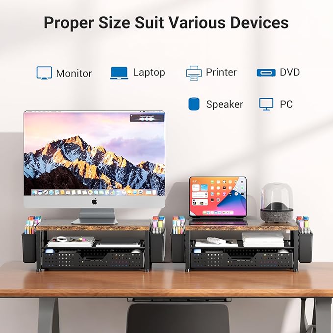 Monitor Riser, Laptop Stand for Desk, Office Desk Organizer and Accessories, Computer Monitor Stand, Desktop Shelf with Drawer and Pen Holder, Printer Stand for Home, Office, Dorm (Brown)
