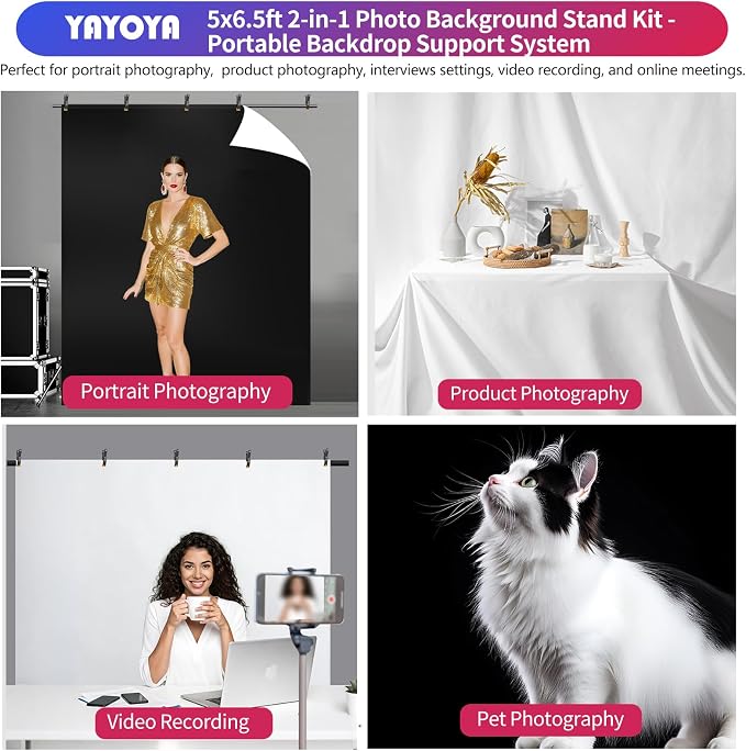 Black White Backdrop Screen with Stand Kit 5x6.5ft for Photo Video Studio, 2-in-1 Revisible Black Backdrop White Screen with T-Shaped Photography Background Support Stand and 5 Clamps