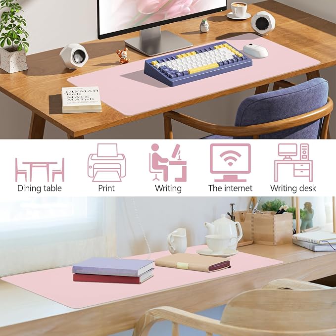 Pink Leather Desk Pad Large Mouse Pad, 35.4"x17" | Waterproof Desk Mat for Keyboard and Mouse, Non-Slip Computer Desk Protector, Smooth Mouse Control for Home Office