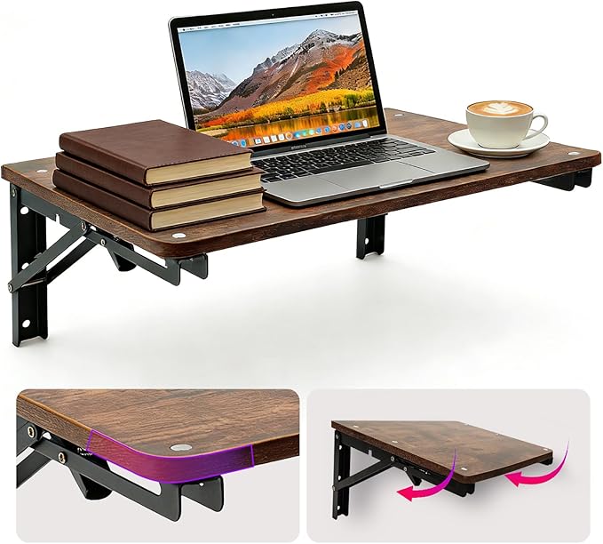Wooden Folding Shelf Wall Mounted for Small Space, Wall Table for Living Room Bedroom Decor, Home Office Floating Fold Down Desk, Media Shelves with Heavy-Duty Brackets Holds Up to 30lbs, 21.6"*11.8"