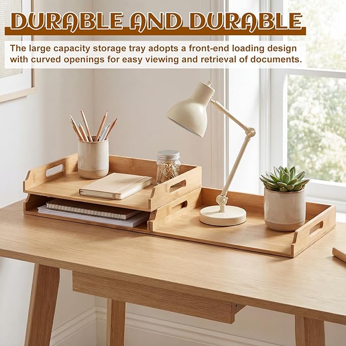 3 Pcs Stackable Paper Tray Bamboo Wood Desk Organizer Letter Tray 3 Tier Wooden File Organizer Desk Shelf for Documents, Letter Sorter, Envelopes and Magazine Holder