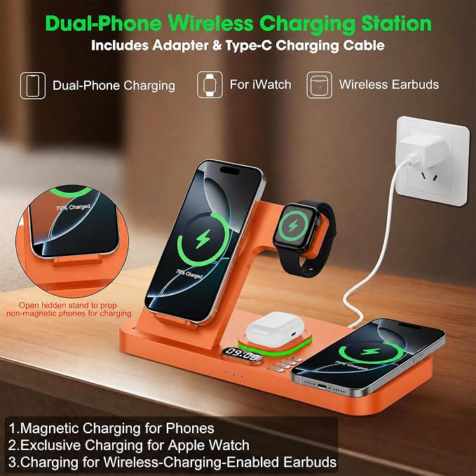 Dual Phone Wireless Charging Station for Apple Devices, Magnetic Charging Station for iPhone with Auto Switch 7-Color Light&Clock,Family Watch Charger for iPhone17 for iWatch11for AirPods Pro3(Orange)