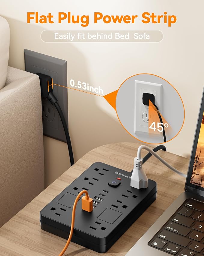 Surge Protector Power Strip - 11 Outlets(1850W/15A/14AWG) with 6 USB Ports(2 USB C), 6/14FT Flat Plug Extension Cord, Wall Mount, Black, ETL Listed for Home, Dorm Room