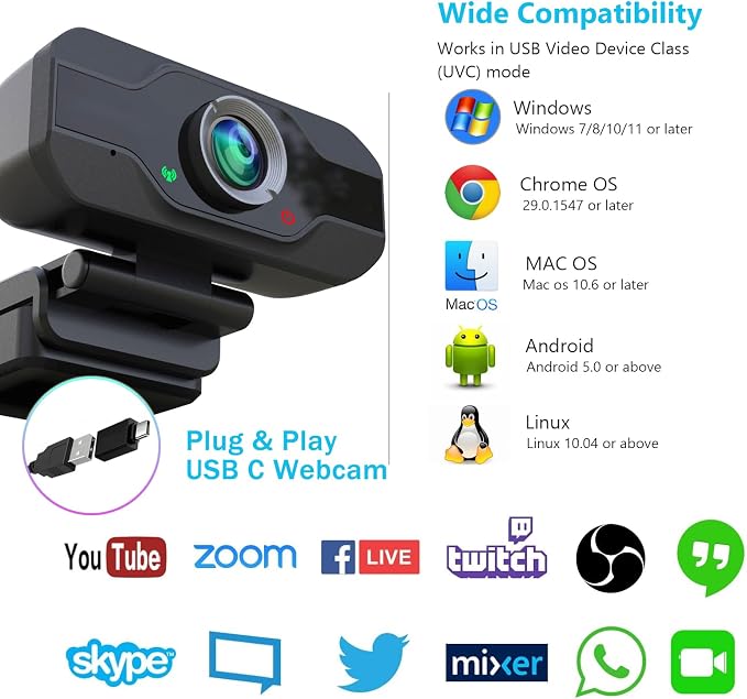 XPCAM USB C Webcam for PC/Laptop/Desktop Computer Camera with Microphone | Plug & Play USB Webcam with Tripod/Cover, Auto Light Correction, Fixed Focus,Web camera for Zoom Conference/Twitch Streaming