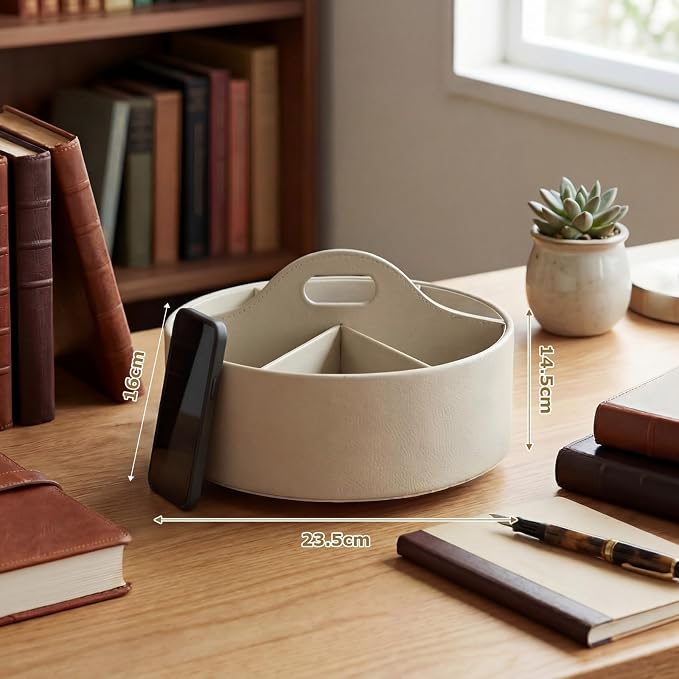 360° Rotating Leather Desk Storage Organizer with 6 Slots and Handle Extra-large Pen Holder Spinning Pencil Storage Lazy Susan Organizer Office Desk Supplies Marker, Art Supply (Beige)