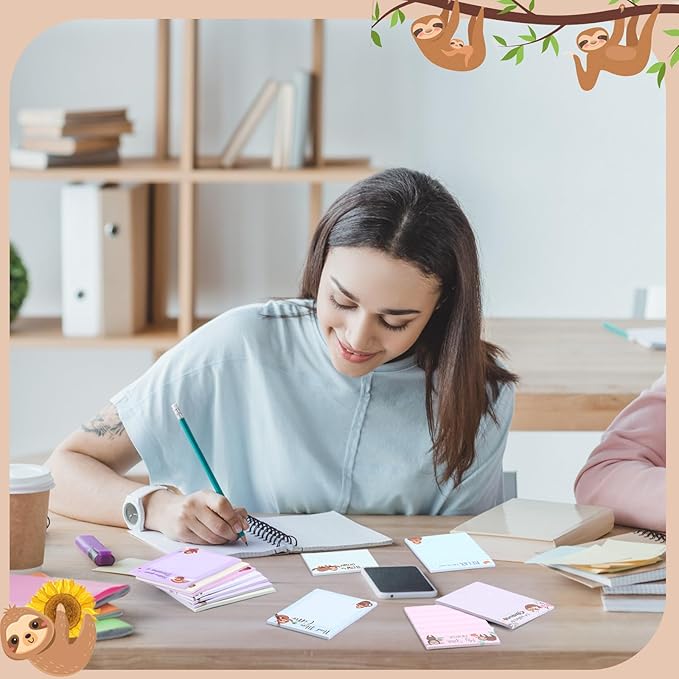 12 Pieces Sloth Sticky Notes 3x4 Inch Cute Cartoon Sloth Gifts Memo Notes for Animal Lovers Women Animal to Do List for Office Friends Lazy Day Holidays Gifts