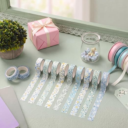 12 Rolls Watercolor Floral Washi Tape Set 15 mm Vintage Flower Decorative Masking Tape for Summer School Arts DIY Craft Scrapbook Journal Supplies Gifts(Blue,Wildflower)