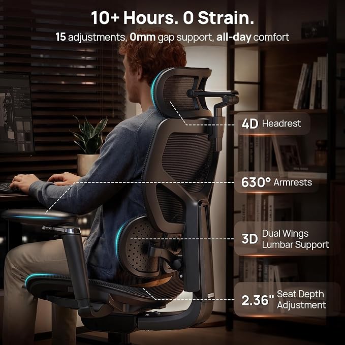 Ergonomic Mesh Office Chair - 10 Hours Comfort Dual Lumbar Support, 330lbs | 630° Armrests, 3D Headrest, Adjustable Seat Depth, Tilt &4- Lock, BIFMA, 5'0"-6'5" Fit, Home & Office Long Work No Back Pain