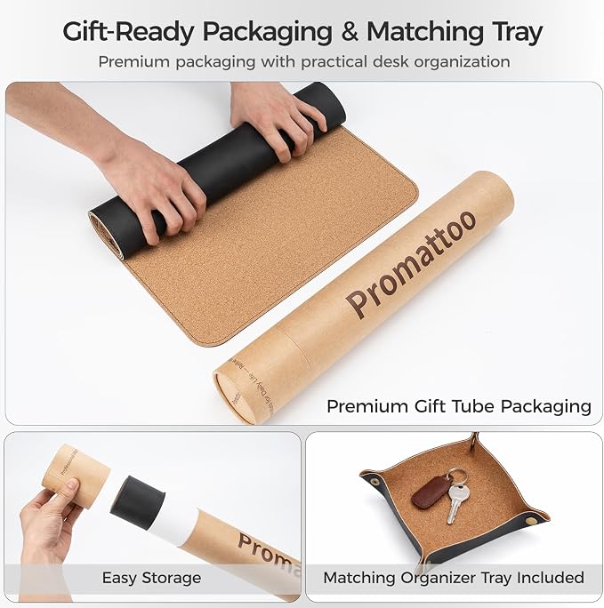 Premium Faux Leather Desk Mat & Tray Set，Innovative Cork-Look Printed Base，Gift Tube Packaging，Full-Desk Coverage，Non-Slip Desk Pad for Office Home（Classic Black）