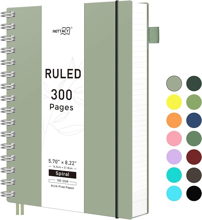 RETTACY Spiral College Ruled Notebook, 300 Pages, A5 Medium Size (5.7" × 8.2"), for School, Work, Writing, Journaling, 100 GSM Thick Paper, Flexible Plastic Cover (Light Green)