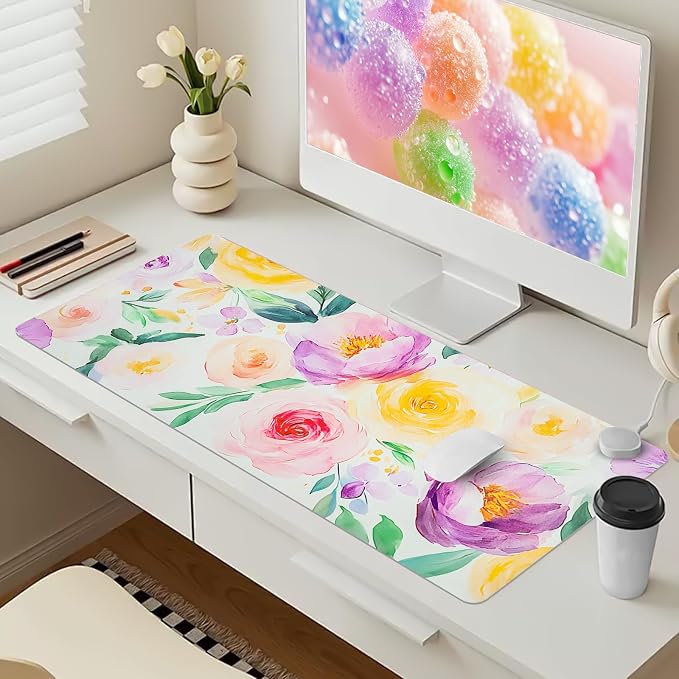 Purple Floral Desk Mat for Desktop, Women Girls Flowers PU Leather Waterproof Desk Pad, Computer PC Laptop Protector Mouse Pads for School Office Home/31.5" x 15.7"