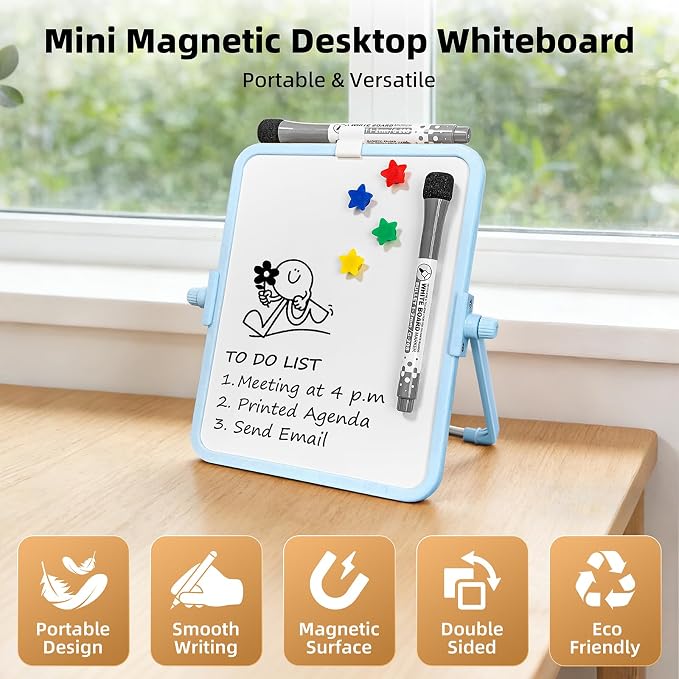 Colorful Dry Erase White Board 6.7x8.4in, Magnetic Desktop Board with Stand, 2 Markers (Eraser Head), 4 Magnets - Double-Sided Easel for Daily Planning, Memo, Office/Home/School (Blue)