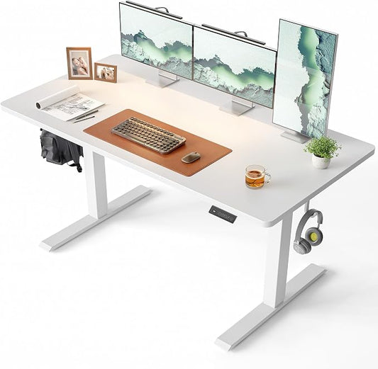 CubiCubi 55 x 28 Inch Large One-Piece Standing Desk, Adjustable Height Electric Computer Home Office Sit Stand up Whole Board Workstation, with Memory Presets, Headphone Hook, White
