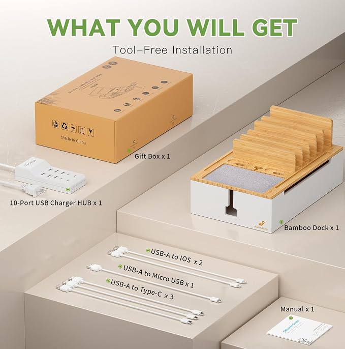 Pezin & Hulin Bamboo Charging Station for Multiple Devices-Natural+White | USB Charger Dock Organizer, with Power Supply (10 Ports HUB), 6 Cables, Cable Management Organizer for Cell Phones, Tablet