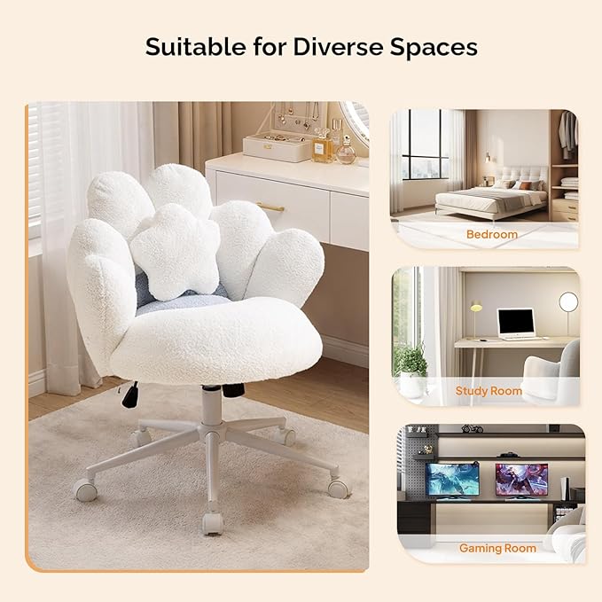 VINGLI Lovely Petal Vanity Desk Chair with Star Pillow, Height Adjustable Armless Swivel Chair in Vibrant Color-Blocking, Modern Computer Task Chair for Bedroom & Home Office, Teddy Fleece,White