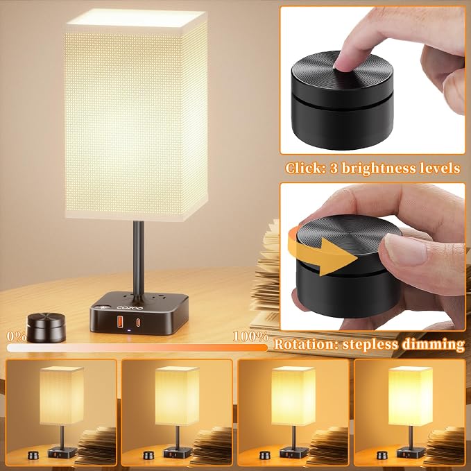 cozoo Bedside Table Lamp for Bedroom, 3 Way Dimmable & Remote Control Stepless Dimming Touch Nightstand Lamp, 2 USB Ports and 2 AC Outlets, Small Desk Light for Living Room, Bed, Study, White