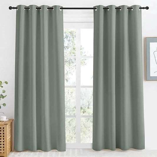 NICETOWN Blackout Greyish Green Curtain 86 inch Length for Bedroom, W55 x L86, 1 Panel, Thermal Insulated Grommet Room Darkening Window Drape Sound Dampening for Living Room