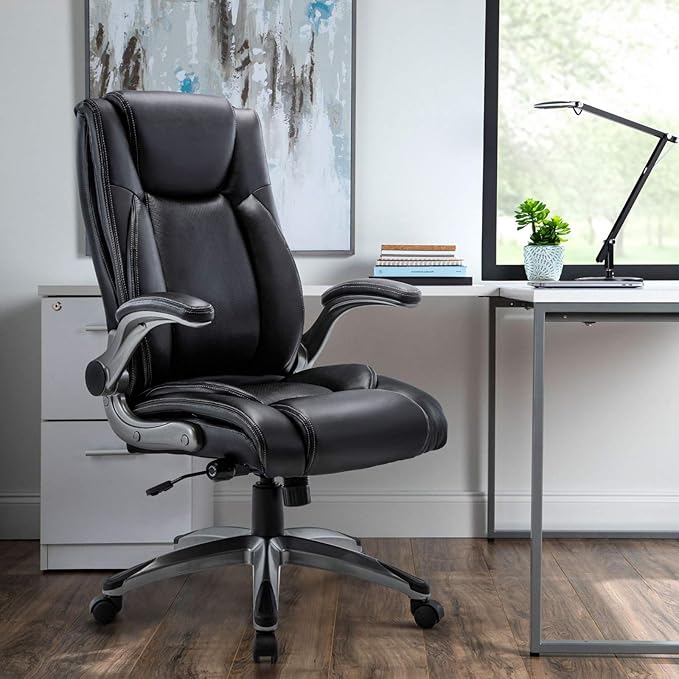 COLAMY Office Desk Chair, Ergonomic Computer Chair with Padded Flip-Up Arms and Thick Cushion, Leather Office Chair with High Back Adjustable Height and Tilt for Working for Working, Study, Gaming