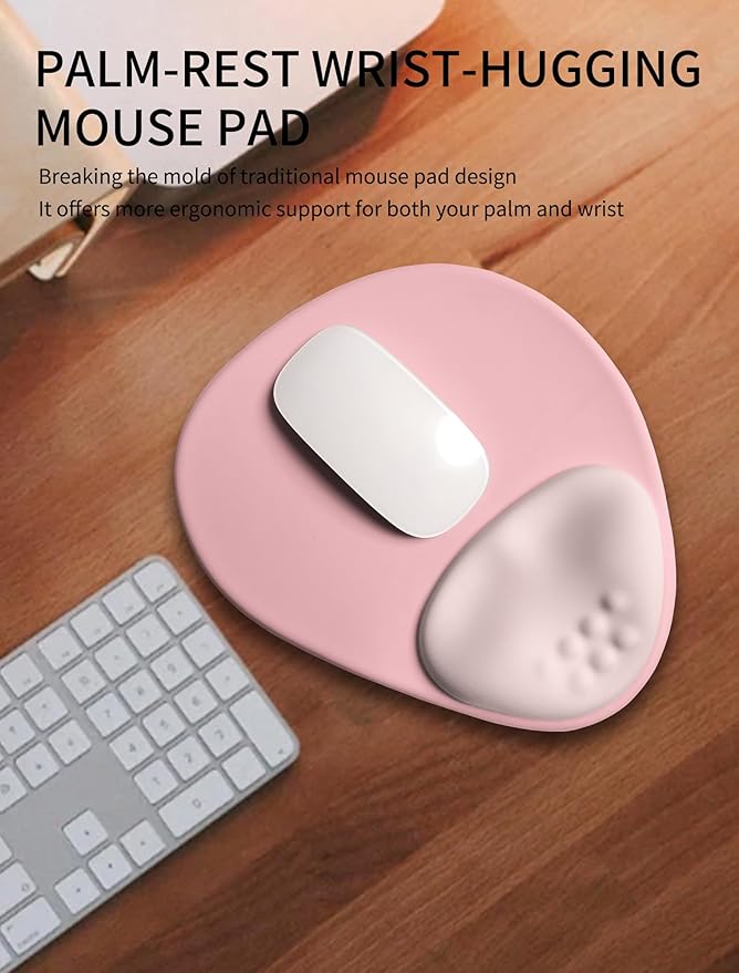 Palm-Rest and Wrist-Hugging Mouse Pad Wrist Rest, Ergonomic Wrist Support with Curve Fitting Cushioned Memory Foam for Carpal Tunnel Pain Relief, 9.9 x 8.3 Inch,Pink Serenity