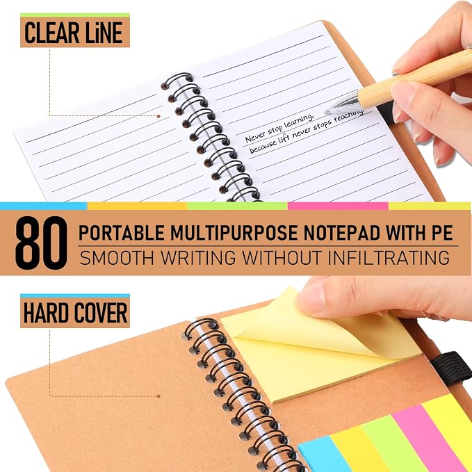 Chuangdi 80 Sets Lined Spiral Notebooks with Sticky Notes and Bamboo Pens, Back-to-school Supplies for Office Teacher Staff, Kraft Notebook with Pen Set Bulk for Employee