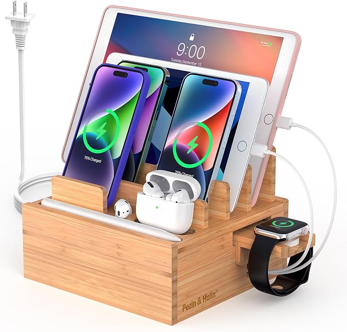 Pezin & Hulin Bamboo Charging Station for Multiple Devices with 5-Port HUB | Desktop Organizer, Wooden Docking Stations, All-in-1 Bamboo Dock Rack for Phones, Tablets, Watch–with 5 Cables