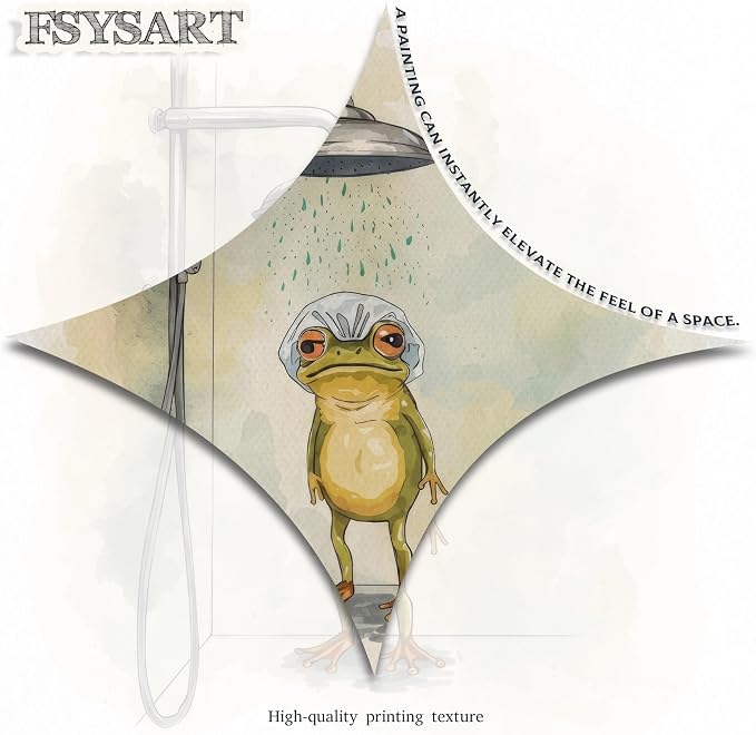 Framed Funny Frog Canvas Wall Art, Cute Frog Showering in Bathroom Canvas Prints, Whimsical Watercolor Cartoon Painting, Modern Minimalist Wall Decor for Bathroom Toilet Washroom 8x10in